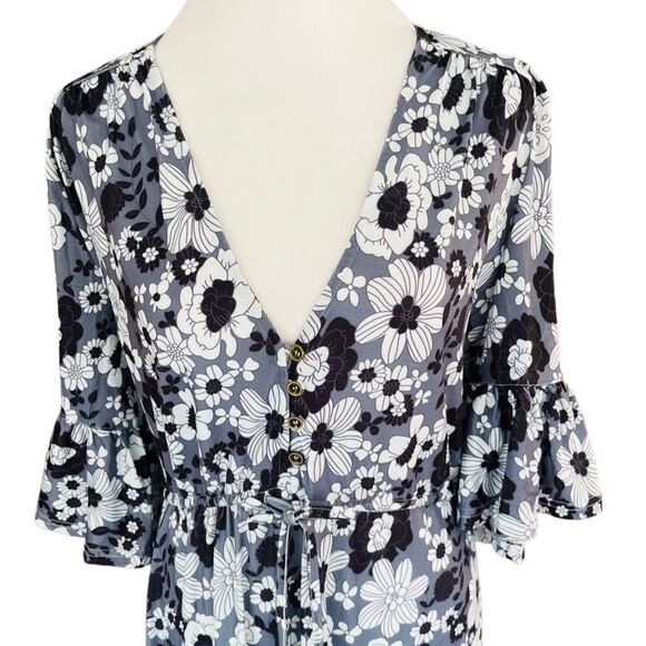 MAHLI the Label black/white/gray floral button front drawstring tie maxi size S - Picture 2 of 11
